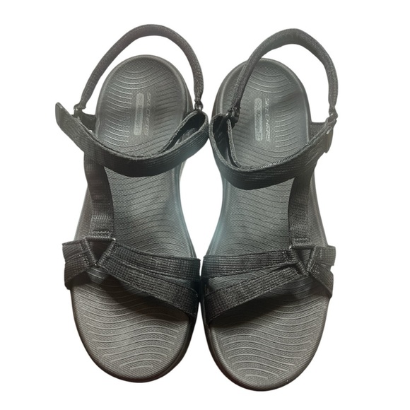 Skechers Women's Go Walk Flex Massage Fit Sandal Black Velcro Adjustable Closure - Picture 1 of 11